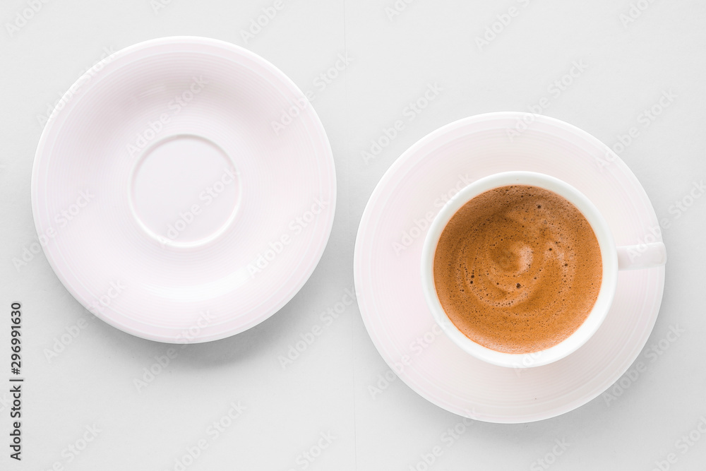 Cup of hot french coffee as breakfast drink, flatlay cups on white background - obrazy, fototapety, plakaty 