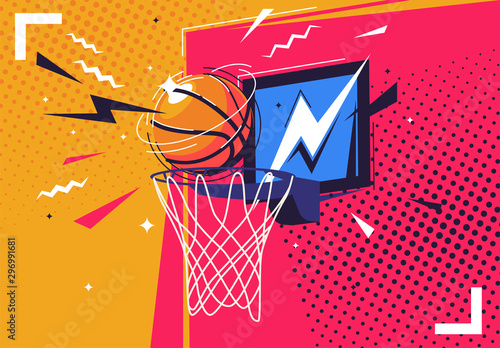 Obraz na plátně Vector illustration of a basketball flying into the ring, in the style of pop ar