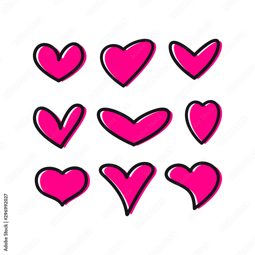 Cute set of hearts with different shapes isolated on white background. Vector illustration