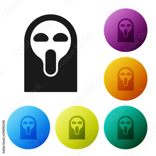 Black Funny and scary ghost mask for Halloween icon isolated on white background. Happy Halloween party. Set icons colorful circle buttons. Vector Illustration