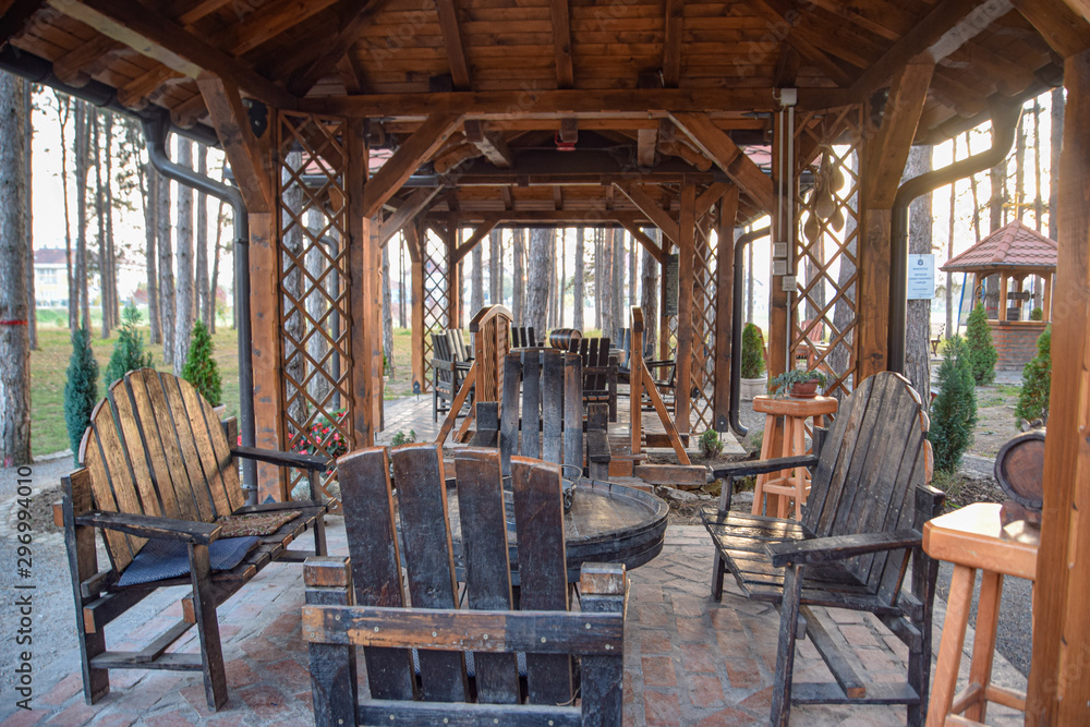 wooden benches and tables in the park, unrecognizable