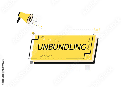 Hand held megaphone "unbundling". Ubiquity of mobile devices, Internet connectivity, consumer web technologies, social media. Yellow geometric banner. Flat vector illustration on white background.