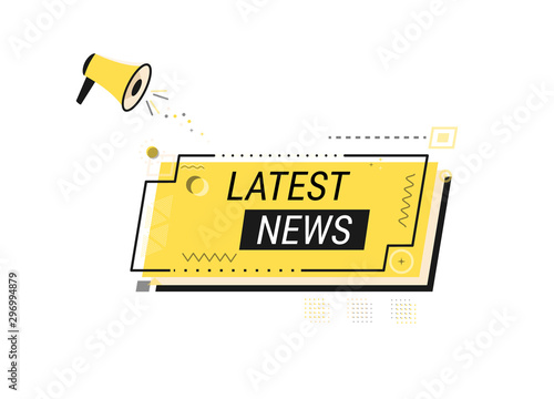 Hand held megaphone with the words "latest news" speech bubble. Yellow geometric banner for business, marketing and advertising. Flat vector illustration on white background.