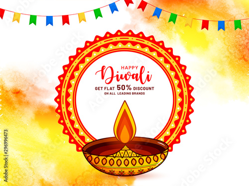 Creative illustration with illuminated paper oil lamp (diya) for indian festival of Diwali celebration.Get 50% cashback sale on this festive season. Happy Diwali.