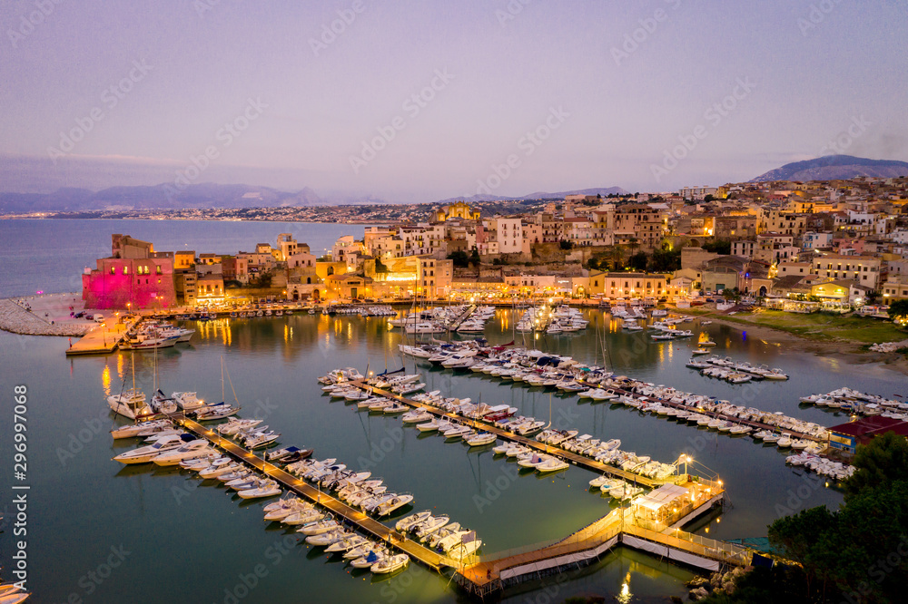 aerial view from dron of the port and promenade of Castellammare del Golfo, Sicily