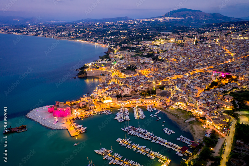 aerial view from dron of the port and promenade of Castellammare del Golfo, Sicily