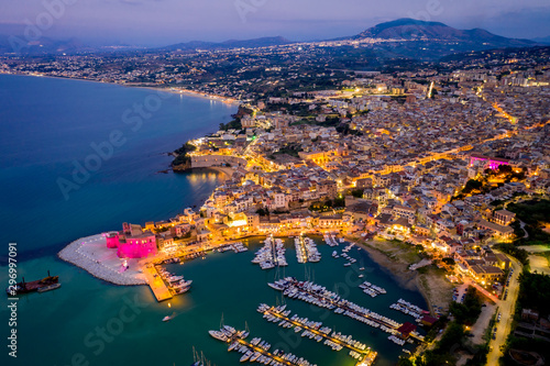 Fototapeta Naklejka Na Ścianę i Meble -  aerial view from dron of the port and promenade of Castellammare del Golfo, Sicily
