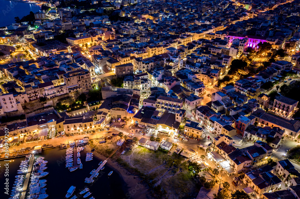 aerial view from dron of the port and promenade of Castellammare del Golfo, Sicily