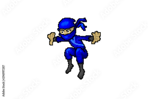 Fototapeta Naklejka Na Ścianę i Meble -  Pixel Art Ninja , Blue Ninjas Cartoon Character Illustration , 8Bit , 16Bit 