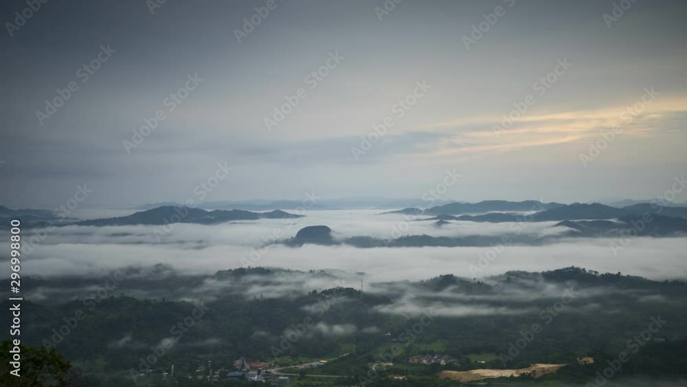 Time-lapse of moving stratus clouds across over the small city, view from Baha camp,mount Stong, Kelantan Malaysia during sunrise. Time-lapse of moving stratus clouds across over the small city, view from Baha camp,mount Stong, Kelantan Malaysia during sunrise.