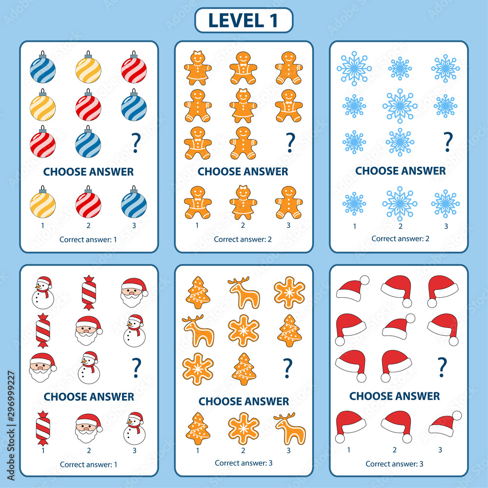Set of tasks for the development of logical thinking of children. Level 1. Set of logical tasks composed of Christmas decorations, cookies, Christmas sock and stars. Vector illustration