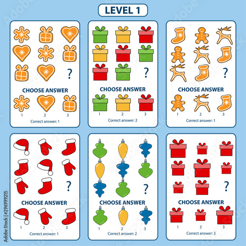 Set of tasks for the development of logical thinking of children. Level 1. Set of logical tasks composed of Christmas decorations, cookies, Christmas sock and stars. Vector illustration