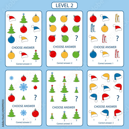 Set of tasks for the development of logical thinking of children. Level 2. Set of logical tasks composed of Christmas decorations, cookies, Christmas sock and stars. Vector illustration