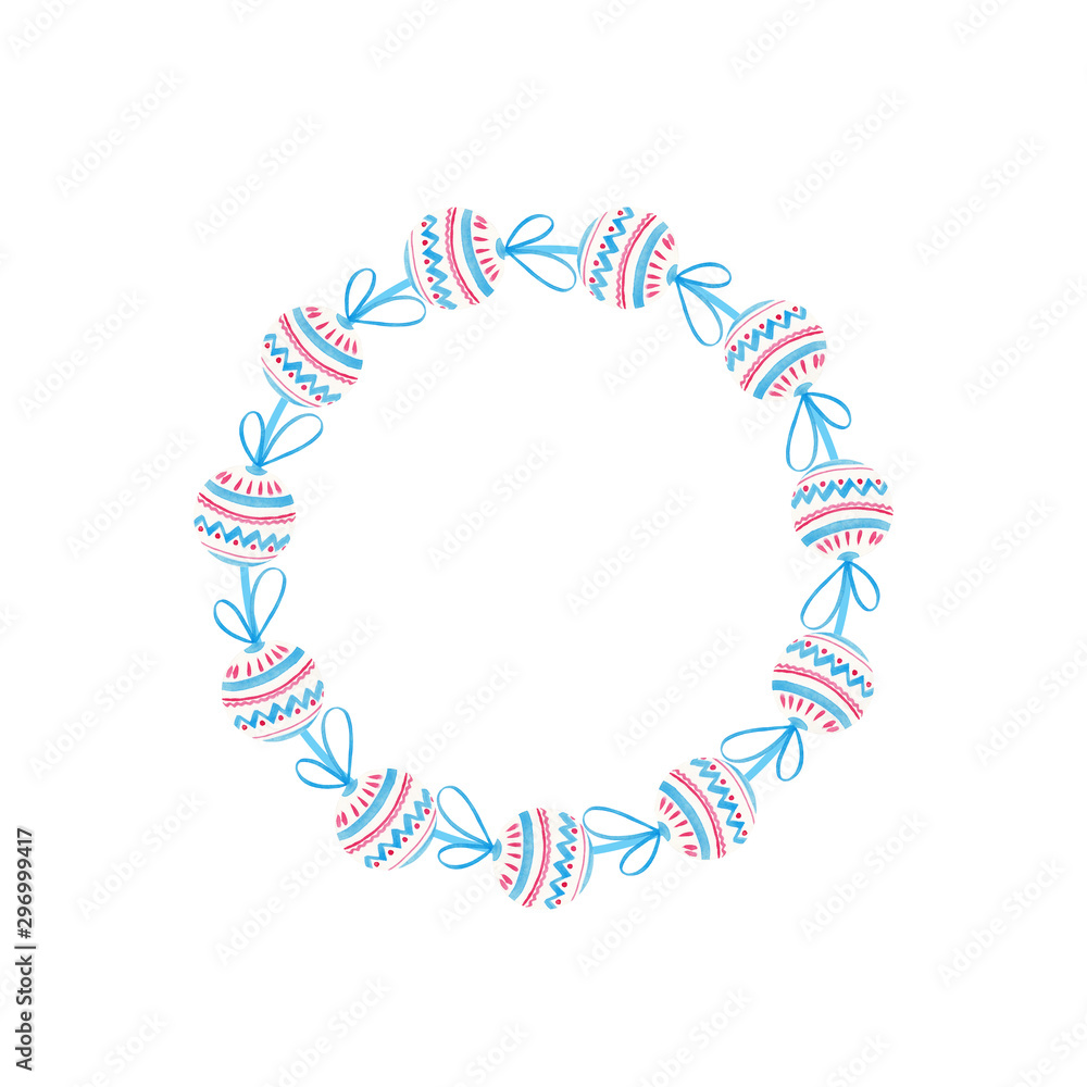 Christmas winter holiday wreath made from hand drawn watercolor balls with bows and colorful ornament on isolated white background.