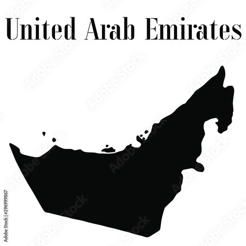 United Arab Emirates or UAE  solid country outline silhouette, Black and white vector illustration with isolated object and symbols on background with text. From world map countries set