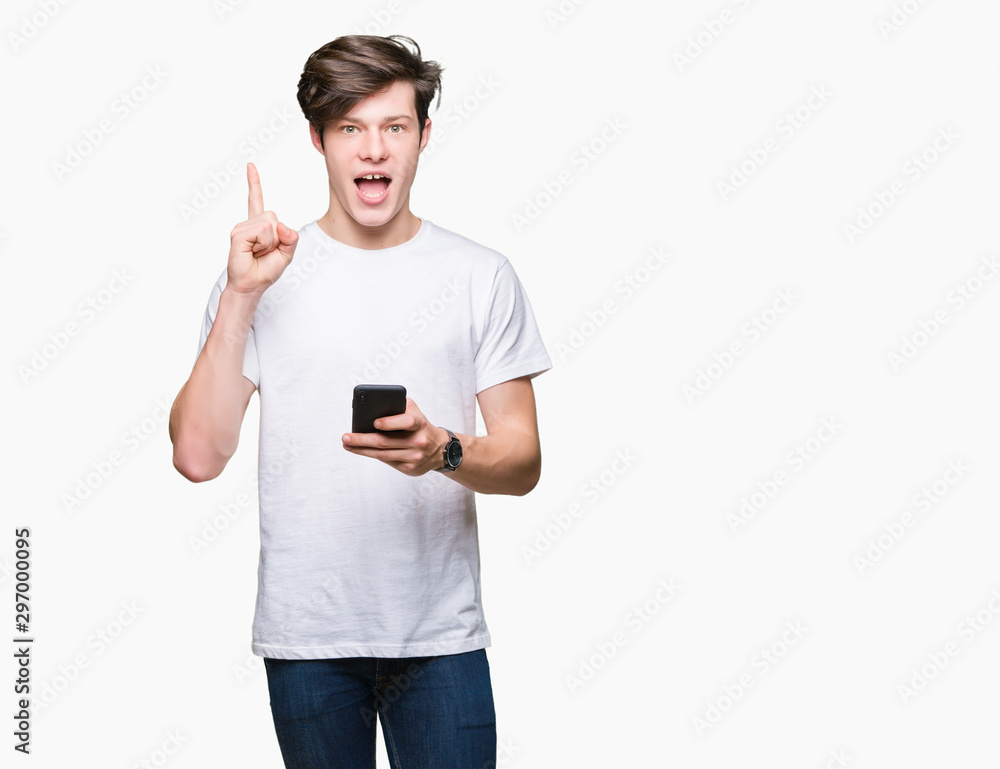 Young man using smartphone over isolated background surprised with an idea or question pointing finger with happy face, number one Young man using smartphone over isolated background surprised with an idea or question pointing finger with happy face, number one