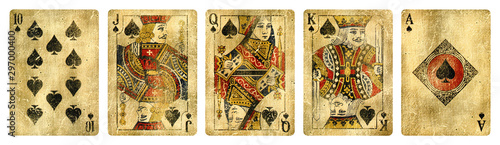 Spades Suit Vintage Playing Cards, Set include Ace, King, Queen, Jack and Ten - isolated on white.