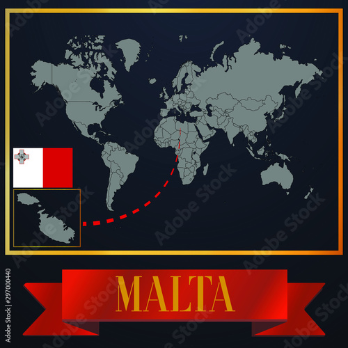 Malta solid country outline silhouette  realistic globe world map template  atlas for infographic  vector illustration  isolated object  background  national flag. countries set 