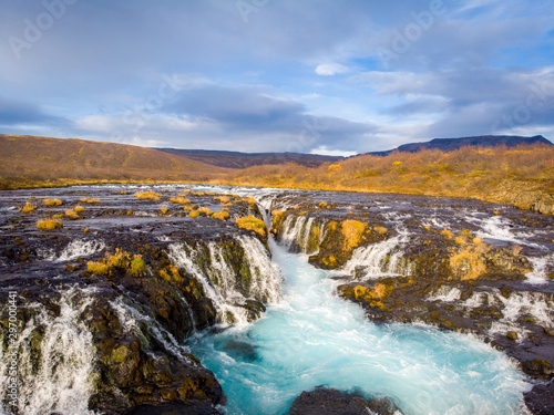 Beautiful Bruarfoss waterfall with turquoise water in Iceland..
