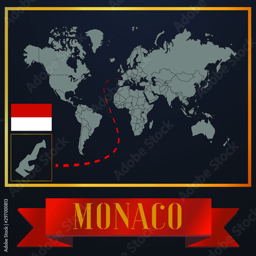 Monaco solid country outline silhouette  realistic globe world map template  atlas for infographic  vector illustration  isolated object  background  national flag. countries set 