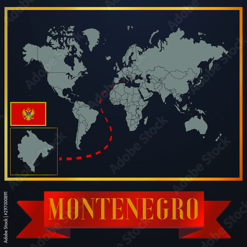  Montenegro solid country outline silhouette  realistic globe world map template  atlas for infographic  vector illustration  isolated object  background  national flag. countries set 