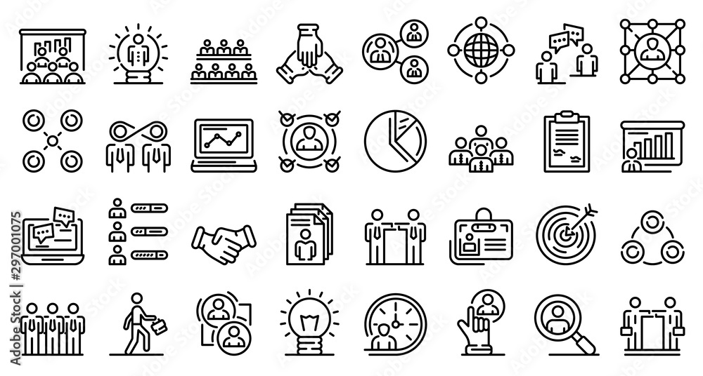 Collaboration icons set. Outline set of collaboration vector icons for web design isolated on white background