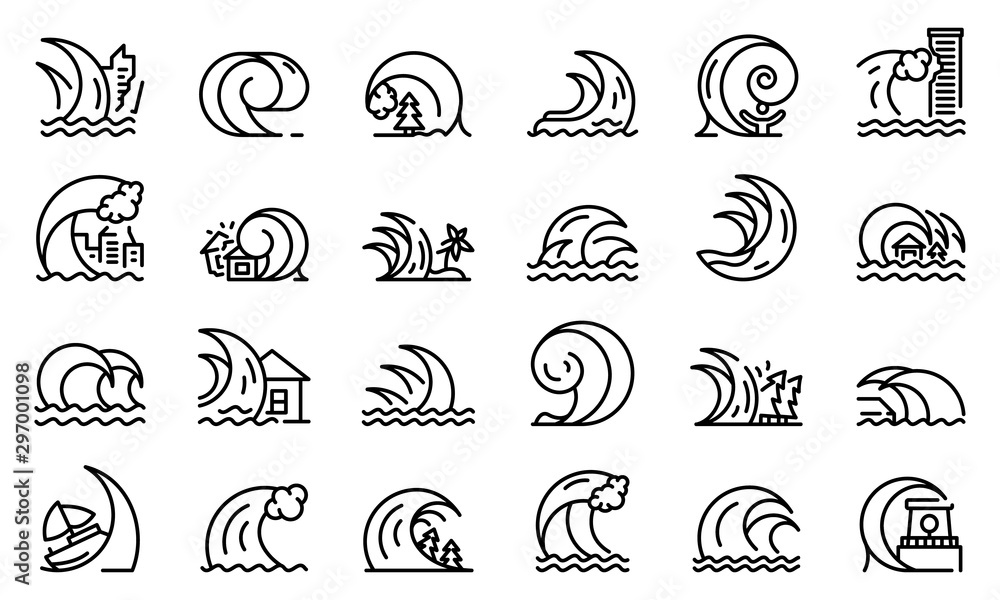 Tsunami icons set. Outline set of tsunami vector icons for web design isolated on white background Tsunami icons set. Outline set of tsunami vector icons for web design isolated on white background