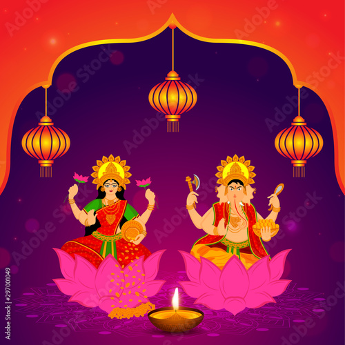 Vector Illustration of Goddess Lakshmi and Lord Ganesha in Happy Diwali holiday celebration purple background with bokeh blur background on Indian Festival with beautiful hanging.