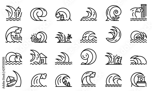 Tsunami icons set. Outline set of tsunami vector icons for web design isolated on white background