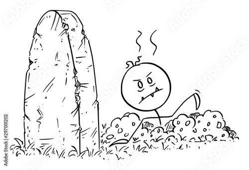 Vector cartoon stick figure drawing conceptual illustration of dead Halloween zombie rising out of the grave on cemetery.