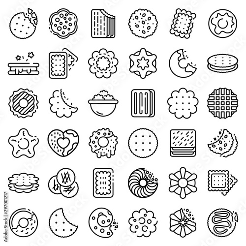 Cookie icons set. Outline set of cookie vector icons for web design isolated on white background