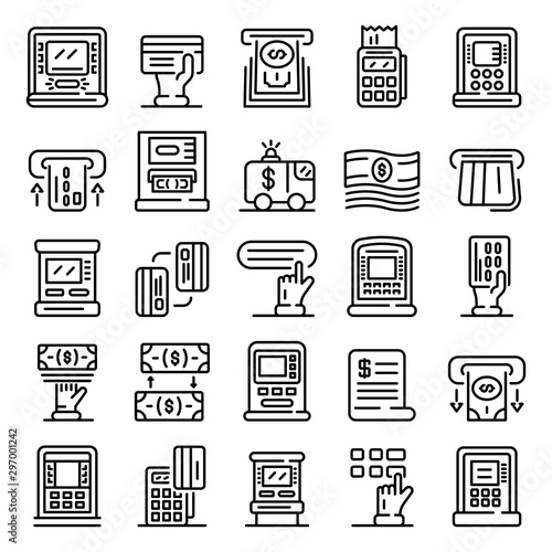 Atm machine icons set. Outline set of atm machine vector icons for web design isolated on white background