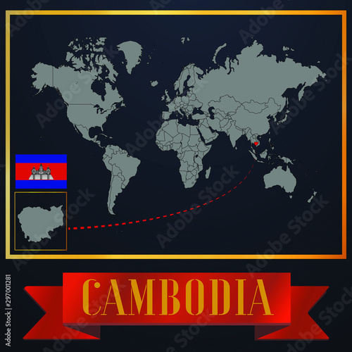 Cambodia solid country outline silhouette  realistic globe world map template  atlas for infographic  vector illustration  isolated object  background  national flag. countries set 