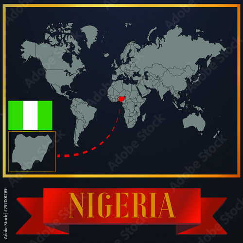 Nigeria solid country outline silhouette  realistic globe world map template  atlas for infographic  vector illustration  isolated object  background  national flag. countries set 
