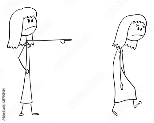 Vector cartoon stick figure drawing conceptual illustration of angry woman or female boss expelling another woman, forcing her to leave.