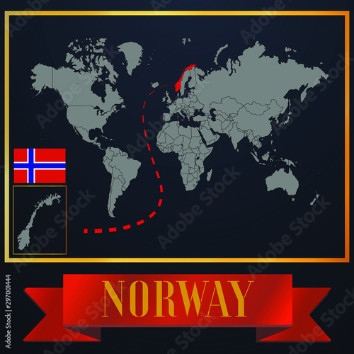 Norway solid country outline silhouette  realistic globe world map template  atlas for infographic  vector illustration  isolated object  background  national flag. countries set 