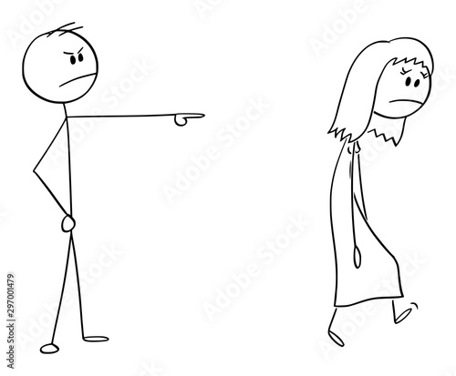Vector cartoon stick figure drawing conceptual illustration of angry man or boss expelling woman, forcing her to leave.