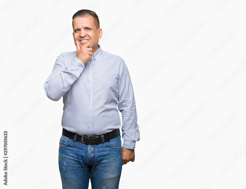 Middle age arab business man over isolated background looking confident at the camera with smile with crossed arms and hand raised on chin. Thinking positive. Middle age arab business man over isolated background looking confident at the camera with smile with crossed arms and hand raised on chin. Thinking positive.