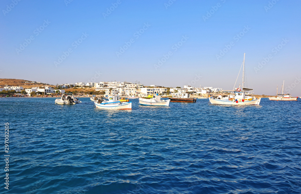 scenery of Ano Koufonisi island Cyclades Greece - traditional fishing boats at the harbor