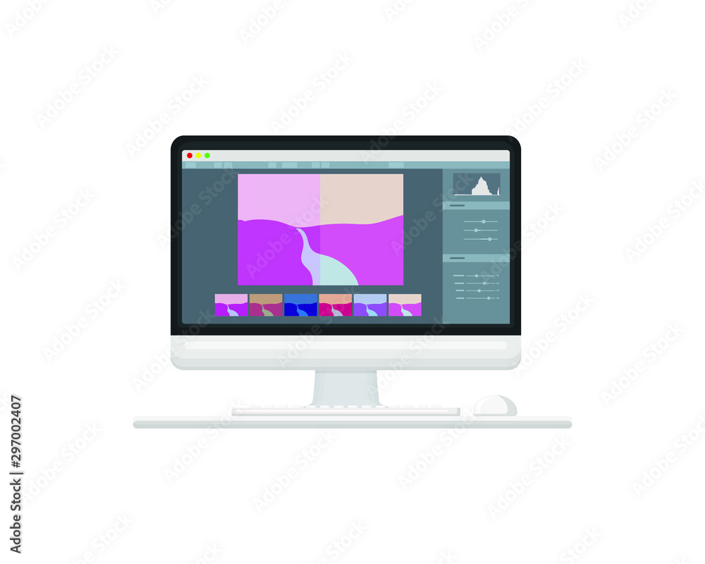 Computer with photo editor on the screen. Modern application for graphic editing. Process of retouching, corrections. Vector illustration Computer with photo editor on the screen. Modern application for graphic editing. Process of retouching, corrections. Vector illustration