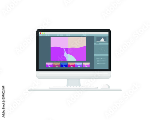 Computer with photo editor on the screen. Modern application for graphic editing. Process of retouching, corrections. Vector illustration