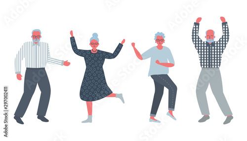 Dancing older people. Cheerful retirees. Old men and old women rejoice and dance. Icons of positive elderly people. Vector illustration