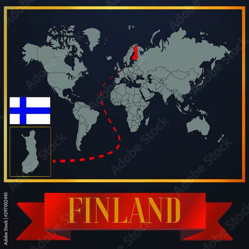 Finland solid country outline silhouette, realistic globe world map template, atlas for infographic, vector illustration, isolated object, background, national flag. countries set 
