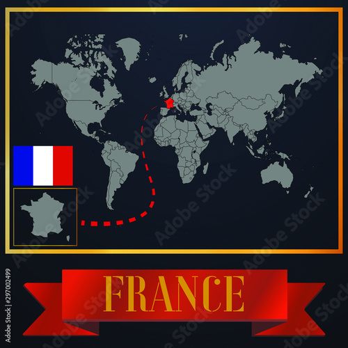 France solid country outline silhouette  realistic globe world map template  atlas for infographic  vector illustration  isolated object  background  national flag. countries set 