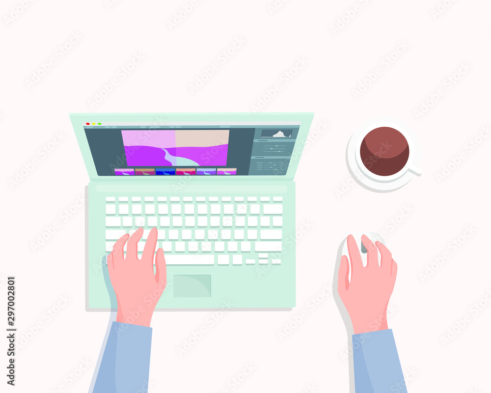 Designer or photographer working process top view. Hands using hot keys, keyboard shortcuts for fast editing photography. Professional editing photos on laptop, graphic editor Designer or photographer working process top view. Hands using hot keys, keyboard shortcuts for fast editing photography. Professional editing photos on laptop, graphic editor