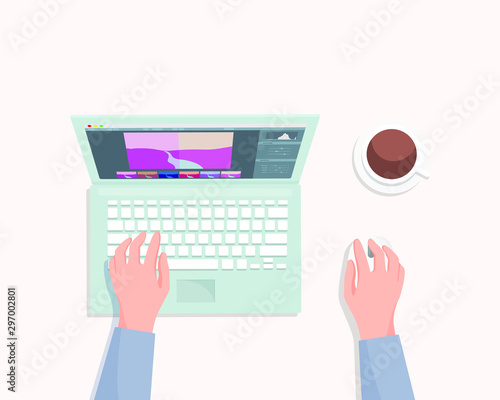 Designer or photographer working process top view. Hands using hot keys, keyboard shortcuts for fast editing photography. Professional editing photos on laptop, graphic editor