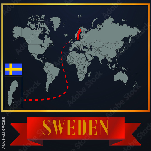 Sweden solid country outline silhouette  realistic globe world map template  atlas for infographic  vector illustration  isolated object  background  national flag. countries set 