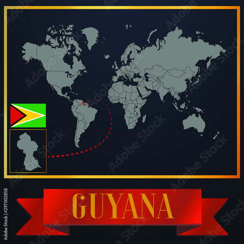 Guyana solid country outline silhouette  realistic globe world map template  atlas for infographic  vector illustration  isolated object  background  national flag. countries set 
