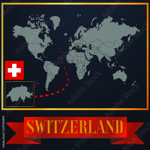 Switzerland solid country outline silhouette  realistic globe world map template  atlas for infographic  vector illustration  isolated object  background  national flag. countries set 