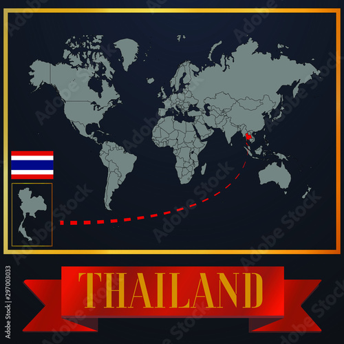 Thailand solid country outline silhouette  realistic globe world map template  atlas for infographic  vector illustration  isolated object  background  national flag. countries set 